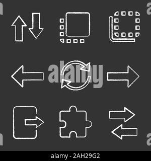 UI/UX chalk set di icone. Verticale e orizzontale di swap, flip a fronte e retro, Successivo, Precedente pulsanti, aggiorna, uscire, estensione. Vettore isolato chalkbo Illustrazione Vettoriale