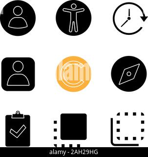 UI/UX glifo set di icone. Userpic, accessibilità, aggiornamento account utente, copyright, esplorare l'attrezzo, assegnazione girato in, flip a fronte e retro. Silhouette Illustrazione Vettoriale