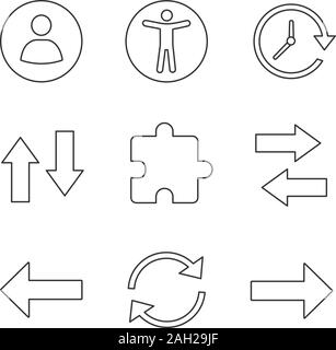 UI/UX lineare set di icone. Userpic, accessibilità, aggiornamento verticale e orizzontale di swap, estensione, next e previous aggiorna freccia. Sottile linea contour s Illustrazione Vettoriale