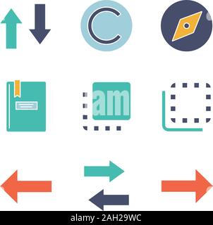 UI/UX glifo colore set di icone. Verticale e orizzontale di swap, copyright, esplorare, notepad flip a fronte e retro, backspace, avanti. Simboli di Silhouette wi Illustrazione Vettoriale