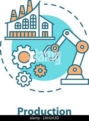 Il concetto di produzione e la relativa icona. La produzione. Settore industriale idea sottile linea illustrazione. Fabbrica. Engineering. Il vettore isolato disegno di contorno Illustrazione Vettoriale