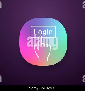 Pulsante login fare clic sull'icona dell'applicazione. UI/UX interfaccia utente. L'autorizzazione. Mano, premendo il pulsante . Web o applicazioni mobili. Vettore illustrazione isolato Illustrazione Vettoriale