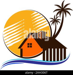 casa albero palma spiaggia logo Foto Stock