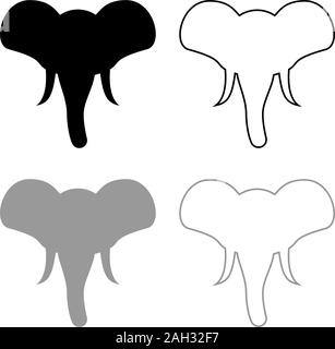 Testa di elefante mascotte silhouette vista frontale africano o indiano icona animale set di contorno nero colore grigio illustrazione vettoriale stile piatto semplice immagine Illustrazione Vettoriale