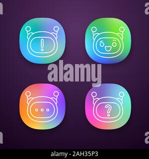 Robot emojis app set di icone. Chat bot notifica e FAQ, ridendo smiley, messaggio chatbot. Intelligenza artificiale. UI/UX interfaccia utente. Web o mob Illustrazione Vettoriale