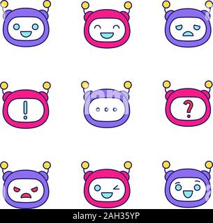 Robot emojis colore set di icone. Chatbot emoticon. Chat bot smiley. Intelligenza artificiale. Assistente virtuale. Artificiale di entità di conversazione. Isola Illustrazione Vettoriale