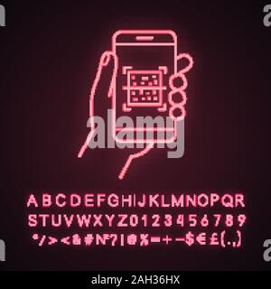 Codice QR smartphone scanner luce al neon icona. Risposta rapida codice. Matrice di scansione di codici a barre telefono mobile app. Segno incandescente con alfabeto, numeri e sym Illustrazione Vettoriale