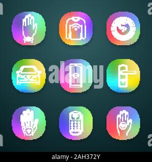 La tecnologia NFC app set di icone. Nei pressi di campo bracciale, vestiti, chip, auto, smartphone, serratura della porta, lato impianto terminale POS, adesivo. UI/UX interfac utente Illustrazione Vettoriale