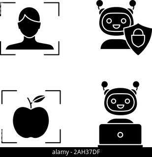 Machine Learning glifo set di icone. Il riconoscimento facciale, fissato chatbot, object detection app, chat bot. Simboli di Silhouette. Vettore illustratio isolato Illustrazione Vettoriale