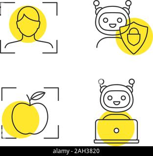 Macchina lineare di apprendimento set di icone. Il riconoscimento facciale, fissato chatbot, object detection app, chat bot. Linea sottile simboli di contorno con cerchi gialli. Illustrazione Vettoriale