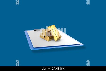 Oro Bar su una clipboard con white paper contro sfondo blu. Immagine ad alta risoluzione progettato per tutte le vostre esigenze di raccolto. Il rendering 3D. Foto Stock