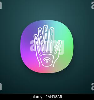 Microchip umana impianto in mano icona app. Impianto di NFC. Impiantato transponder RFID. UI/UX interfaccia utente. Web o applicazione mobile. Il vettore isolato il Illustrazione Vettoriale