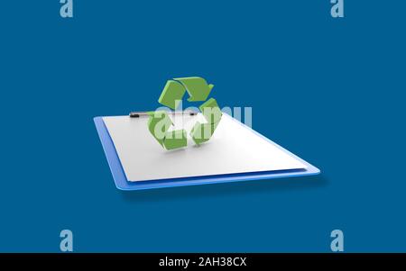 Simbolo di riciclaggio su una clipboard con white paper contro sfondo blu. Immagine ad alta risoluzione progettato per tutte le vostre esigenze di raccolto. Il rendering 3D. Foto Stock