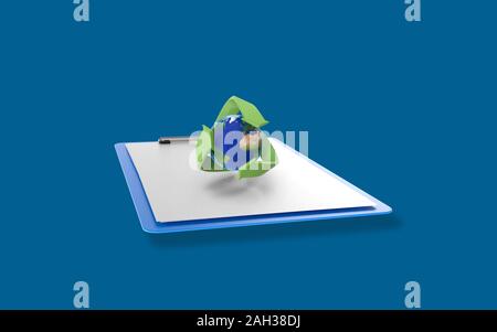 Simbolo di riciclaggio girando intorno al mondo per una clipboard con white paper contro sfondo blu. Immagine ad alta risoluzione progettato per tutte le vostre esigenze di raccolto Foto Stock