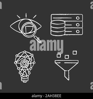 Machine Learning chalk set di icone. La scansione della retina, database, il processo di innovazione, e filtraggio dei dati. Vettore isolato illustrazioni della lavagna Illustrazione Vettoriale