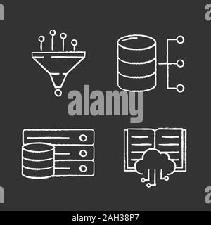 Machine Learning chalk set di icone. Filtraggio dei dati, database relazionali, server cloud computing. Vettore isolato illustrazioni della lavagna Illustrazione Vettoriale