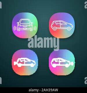 Smart Automobili app set di icone. NFC autos. Veicoli intelligenti. La guida di auto automobili. Automobili autonome. I conducenti di veicoli. UI/UX interfaccia. Web o mob Illustrazione Vettoriale