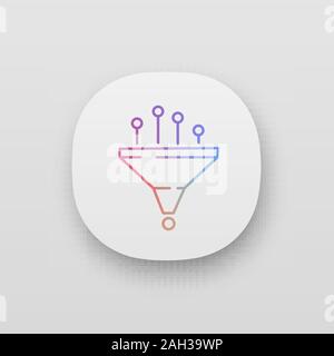 Filtraggio dei dati e sistema di strutturazione icona app. Macchina di processo di apprendimento. UI/UX interfaccia utente. Il data mining. Imbuto. La raccolta di dati statistici. Web o mob Illustrazione Vettoriale