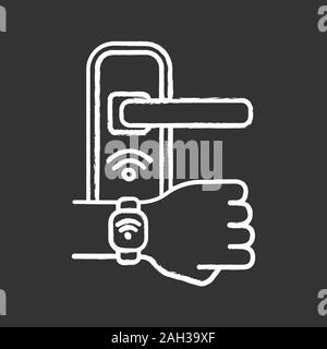 Serratura della porta aperta con NFC bracciale icona chalk. Near Field Communication lucchetto. Braccialetto RFID. La tecnologia contactless. Vettore isolato il lavagna Illustrazione Vettoriale