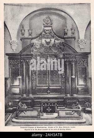 Foto d'epoca in bianco e nero del Celebre Esempio di sculture in legno: Reredos di St. Mary Abchurch, Londra di Grinling Gibbons Foto Stock