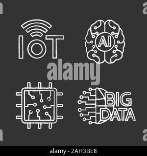 Intelligenza artificiale chalk set di icone. Rete neurale. Neurotechnology. Internet delle cose, big dati, chip, IA. Vettore isolato illustrat lavagna Illustrazione Vettoriale