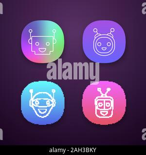 App Chatbots set di icone. UI/UX interfaccia utente. Talkbots. Ridendo assistenti virtuali. Gli agenti di conversazione. Moderno robot. Web o applicazioni mobili. Illustrazione Vettoriale