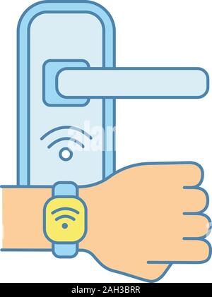 Serratura della porta aperta con NFC colore cinturino icona. Near Field Communication lucchetto. Braccialetto RFID. La tecnologia contactless. Isolato illustrazione vettoriale Illustrazione Vettoriale
