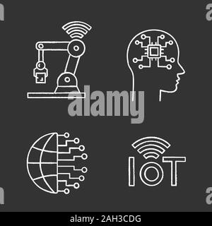 Intelligenza artificiale chalk set di icone. Rete neurale. Neurotechnology. Internet delle cose, big dati, IoT robot, IA. Vettore isolato illu lavagna Illustrazione Vettoriale