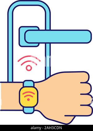 Serratura della porta aperta con NFC colore cinturino icona. Near Field Communication lucchetto. Braccialetto RFID. La tecnologia contactless. Isolato illustrazione vettoriale Illustrazione Vettoriale