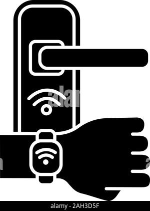 Serratura della porta aperta con NFC bracciale icona glyph. Near Field Communication lucchetto. Braccialetto RFID. La tecnologia contactless. Simbolo di Silhouette. S negativa Illustrazione Vettoriale
