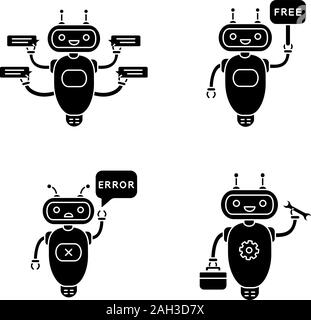 Glifo Chatbots set di icone. Talkbots. Assistenti virtuali. Servizio di supporto gratuito, errore, riparazione bot chat. Moderno robot. Simboli di Silhouette. Vector isol Illustrazione Vettoriale