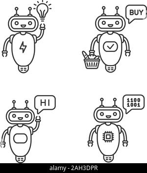 Chatbots lineare set di icone. Talkbots. Assistenti virtuali. Nuova idea, acquistare hi, codice chat bot. Moderno robot. Linea sottile simboli di contorno. Vettore isolato Illustrazione Vettoriale