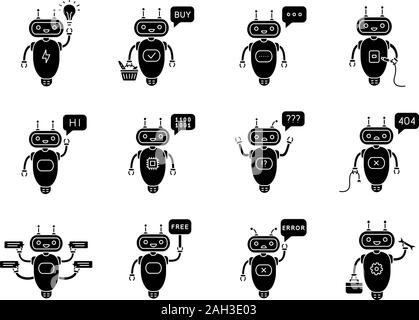 Glifo Chatbots set di icone. Assistenti virtuali. Talkbots. Chat, errore, acquistare, libera riparazione, idea bot. Moderno robot. Simboli di Silhouette. Il vettore isolato Illustrazione Vettoriale