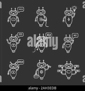 Chatbots chalk set di icone. Talkbots. La digitazione, USB, idea, domanda non trovato, hi, errore, riparazione, chat bot. Moderno robot. Vettore isolato il lavagna Illustrazione Vettoriale