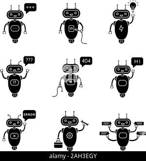 Glifo Chatbots set di icone. Talkbots. La digitazione, USB, idea, domanda non trovato, hi, errore, riparazione, chat bot. Moderno robot. Simboli di Silhouette. Vettore è Illustrazione Vettoriale