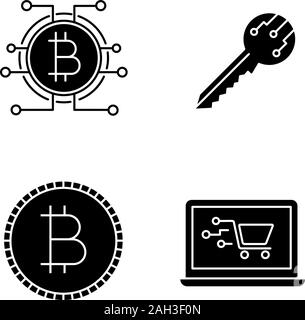 Bitcoin cryptocurrency glifo set di icone. Chiave digitale, bitcoin con percorso di microchip, Coin, shopping online. Simboli di Silhouette. Vettore illust isolato Illustrazione Vettoriale