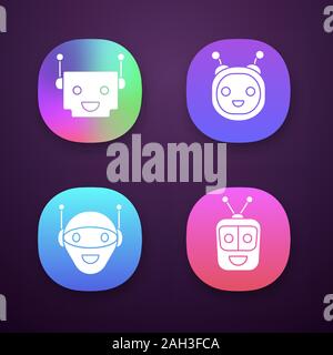 App Chatbots set di icone. UI/UX interfaccia utente. Talkbots. Ridendo assistenti virtuali. Gli agenti di conversazione. Moderno robot. Web o applicazioni mobili. Illustrazione Vettoriale