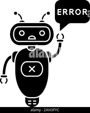 Errore glifo chatbot icona. Simbolo di Silhouette. Talkbot con errore nel discorso bolla. Assistenza clienti online. Assistente virtuale. Moderno robot. S negativa Illustrazione Vettoriale