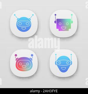 App Chatbots set di icone. UI/UX interfaccia utente. Talkbots. Ridendo assistenti virtuali. Gli agenti di conversazione. Moderno robot. Web o applicazioni mobili. Illustrazione Vettoriale