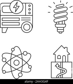 Energia elettrica lineare set di icone. Portable Power Generator, lampada fluorescente compatta, geotermica e l'energia nucleare. Linea sottile simboli di contorno. Isolat Illustrazione Vettoriale