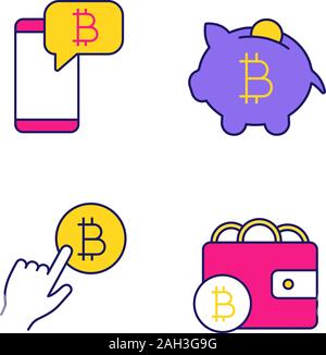 Bitcoin cryptocurrency colore set di icone. Bitcoin chat, salvadanaio, cryptocurrency pagamento fare clic, digital wallet. Isolato illustrazioni vettoriali Illustrazione Vettoriale
