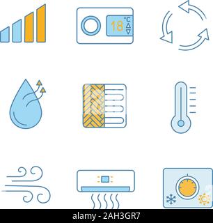 Aria condizionata colore set di icone. Livello di potenza, termostato, ventilazione, umidificazione, riscaldamento a pavimento, termometro, un flusso di aria, condizionatore aria e clima Illustrazione Vettoriale