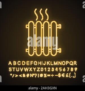 Radiatore luce al neon icona. Batteria di riscaldamento. Riscaldatore. Segno incandescente con alfabeto, numeri e simboli. Vettore illustrazione isolato Illustrazione Vettoriale