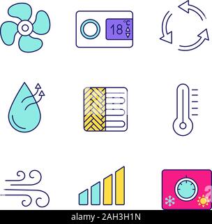 Aria condizionata colore set di icone. Il livello di potenza, termostato digitale, ventilazione, umidificazione, riscaldamento a pavimento, termometro, un flusso di aria, climatizzatore k Illustrazione Vettoriale