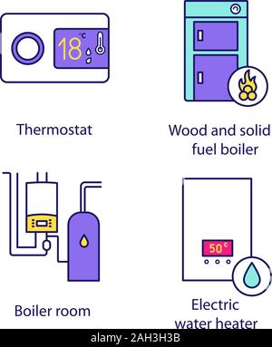 Riscaldamento icone di colore impostato. Termostato digitale, combustibile solido caldaia, locale caldaia, scaldabagno elettrico. Isolato illustrazioni vettoriali Illustrazione Vettoriale