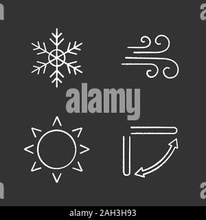 Aria condizionata chalk set di icone. Il simbolo del fiocco di neve, aria, sun, condizionatore aria bocchette di ventilazione. Vettore isolato illustrazioni della lavagna Illustrazione Vettoriale