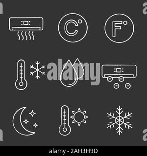 Aria condizionata chalk set di icone. Balsamo, Celsius e Fahrenheit, in estate e in inverno la temperatura, acqua goccia, ionizzatore modalità notte, il simbolo del fiocco di neve. Isolare Illustrazione Vettoriale