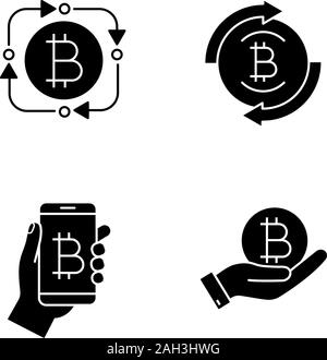 Bitcoin cryptocurrency glifo set di icone. Fintech, bitcoin restituzione, digital wallet, coin in mano. Simboli di Silhouette. Vettore illustrazione isolato Illustrazione Vettoriale