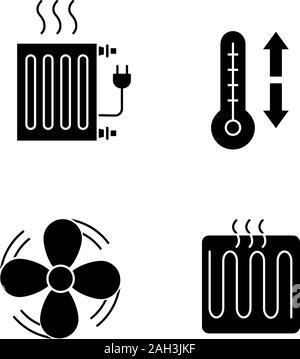 Aria condizionata glifo set di icone. Radiatore elettrico, climatizzatore, ventola di scarico, elemento riscaldante. Simboli di Silhouette. Vettore illustrazione isolato Illustrazione Vettoriale