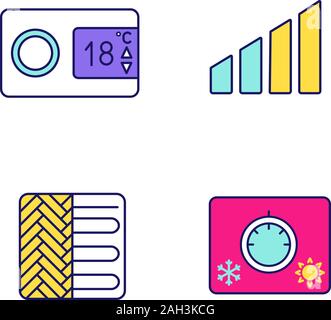 Aria condizionata colore set di icone. Termostato digitale, il livello di potenza, riscaldamento a pavimento e climatizzatore. Isolato illustrazioni vettoriali Illustrazione Vettoriale
